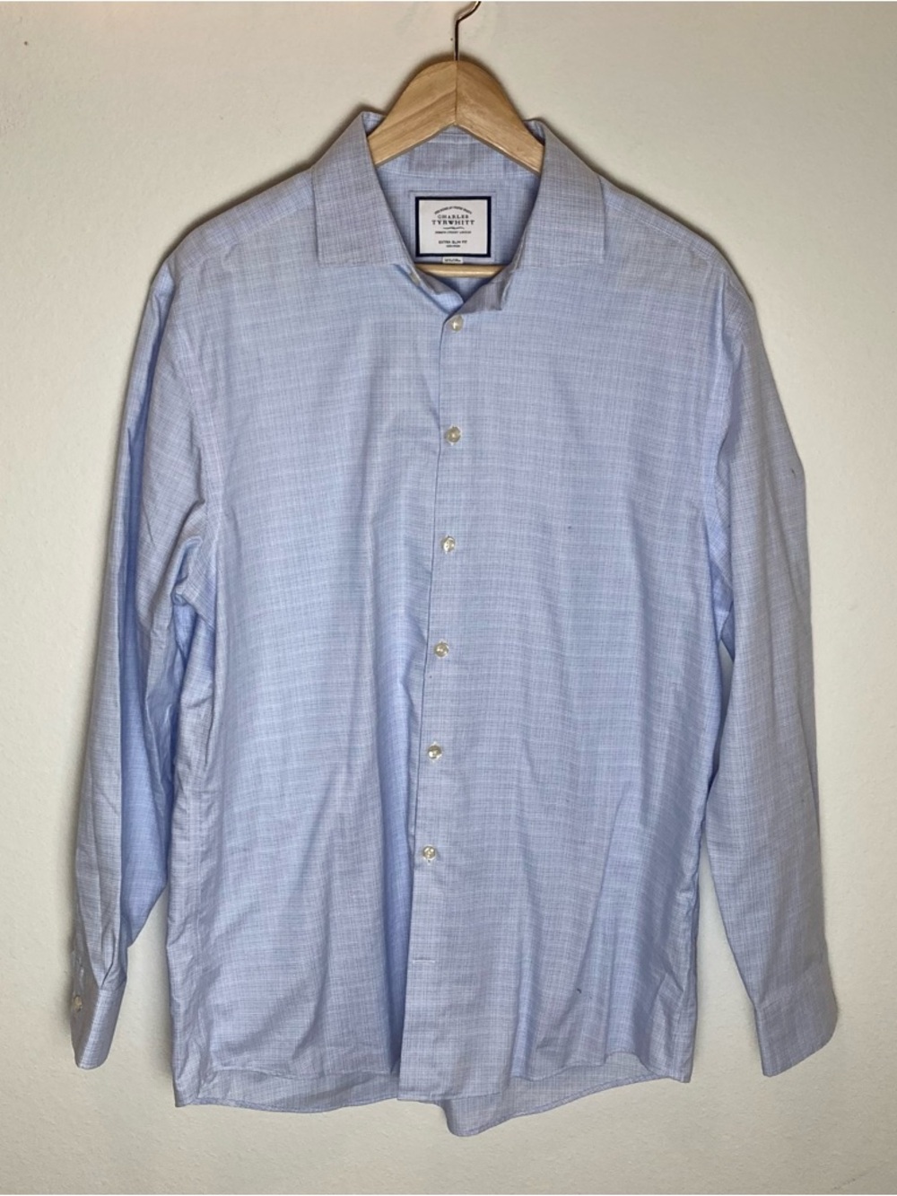 Charles Tyrwhitt Blue Check No Iron Dress Shirt Mens 16.5 Extra Slim Button Up